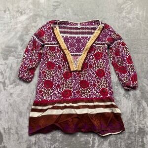 Free People Sweet Poland Poppy Floral Lace Trim V-Neck Tunic Top Purple Boho XS
